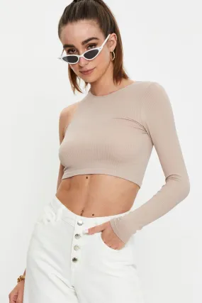 Beige Seamless One Shoulder Basic Top