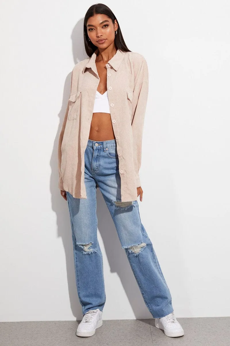 Beige Textured Shirt Long Sleeve