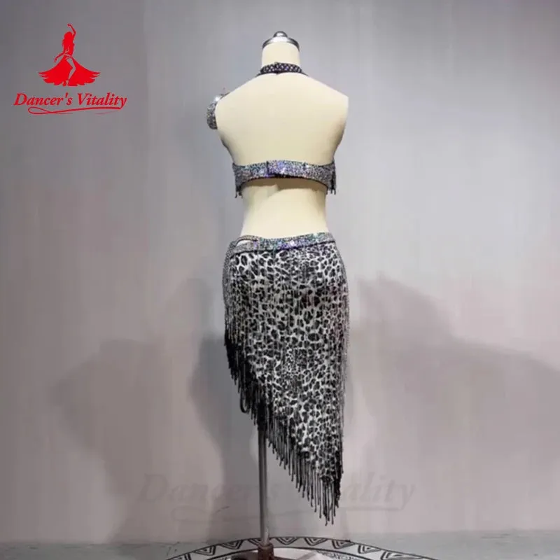 Belly Dance Clothing Women's Customized Luxury Rhinestone Sexy Leopard Pattern Tassel Set Oriental Dance Performance Clothing