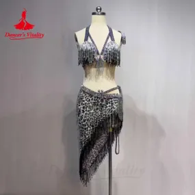 Belly Dance Clothing Women's Customized Luxury Rhinestone Sexy Leopard Pattern Tassel Set Oriental Dance Performance Clothing