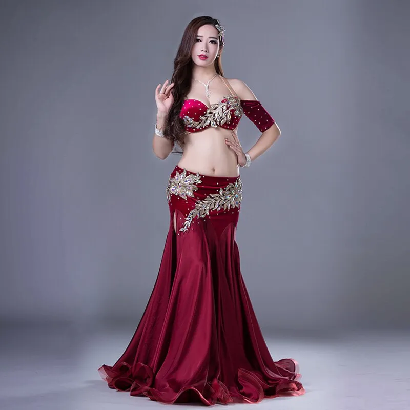 Belly Dance Competiton Costume Senior Velvet Bra split Long Skirt 2pcs for Women Oriental Belly Dancing Performance Clothing