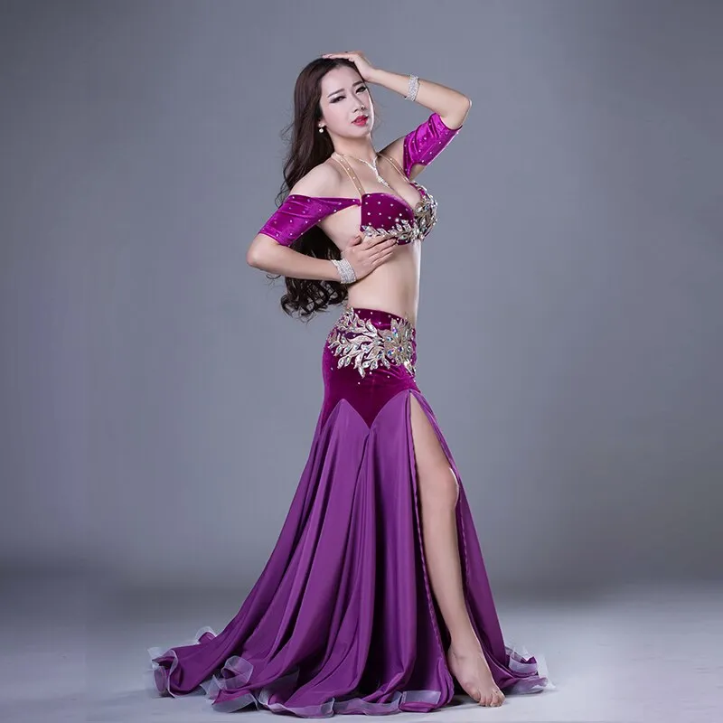 Belly Dance Competiton Costume Senior Velvet Bra split Long Skirt 2pcs for Women Oriental Belly Dancing Performance Clothing