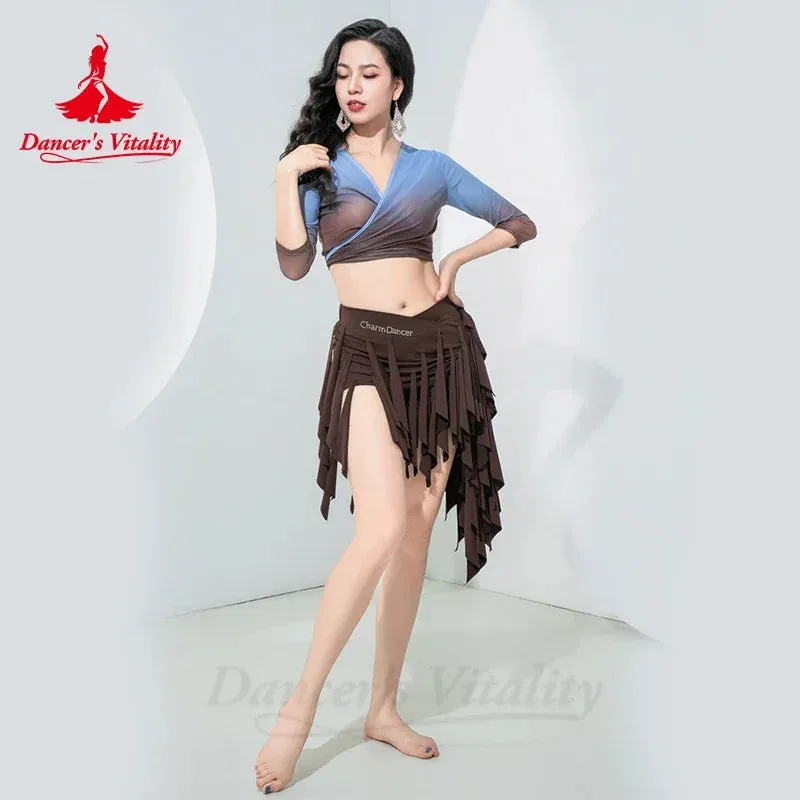 Belly Dance Costume for Women Mesh Half Sleeves and Fringed Long Skirt Oriental Professional Clothing Bellydance Wear Outfit