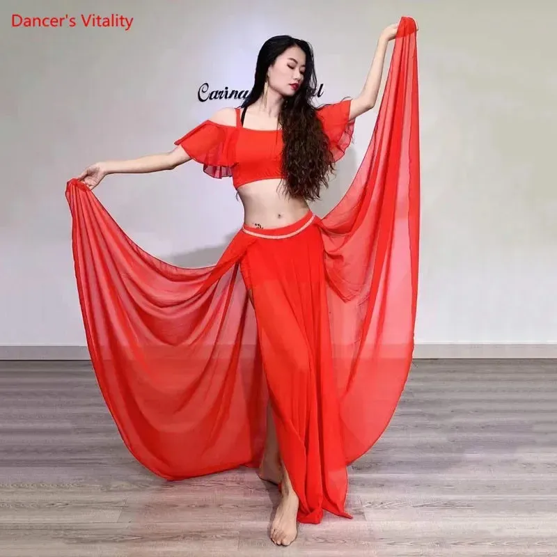 Belly Dance Suit Sling Top Off Shoulder Sleeves Split Skirt Practice Clothes Aldult Oriental Women Dancing Performance Clothing