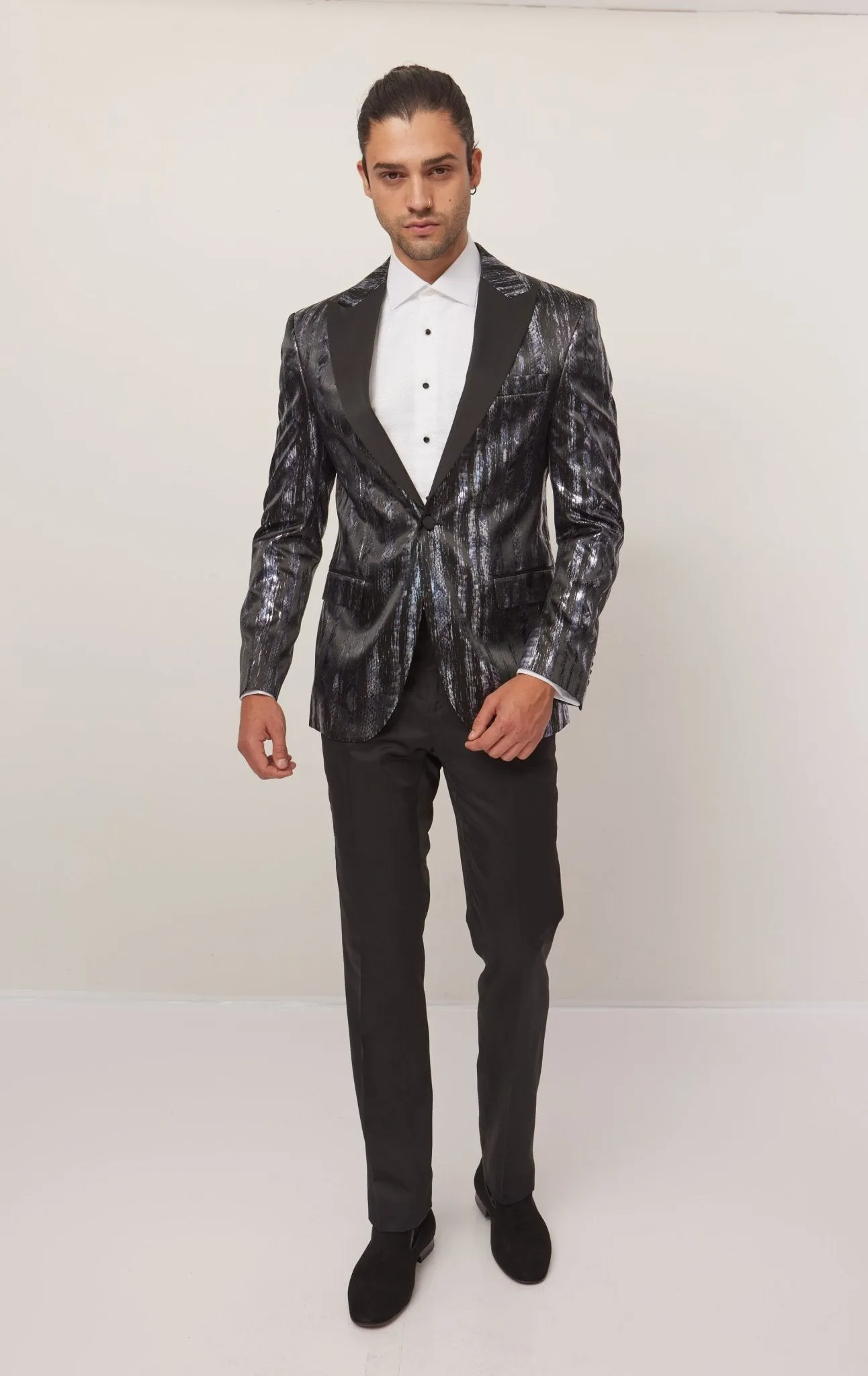 Brush Stroke Wet Look Peak Lapel Tuxedo Jacket - Silver