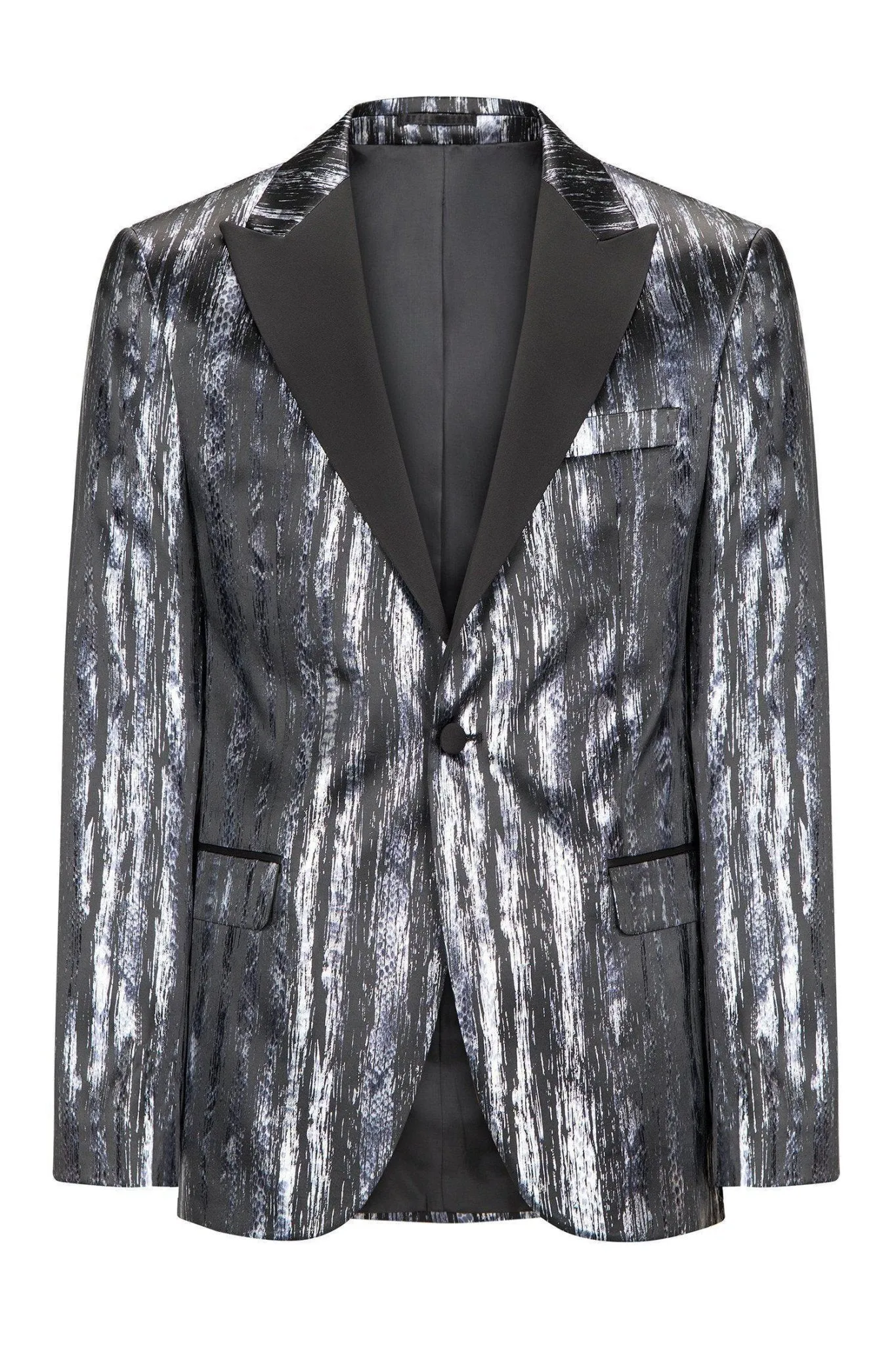 Brush Stroke Wet Look Peak Lapel Tuxedo Jacket - Silver