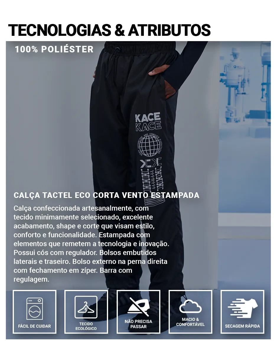 Calça Tactel Eco Corta Vento Preta Estampada Kace