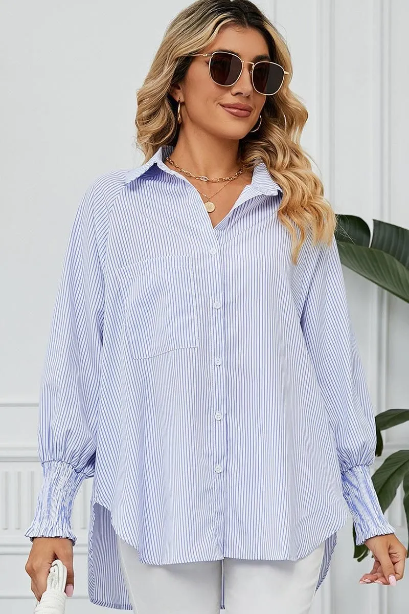 CUFF DRAW PLEATED LOOSE STRIPE COLLAR SHIRTS