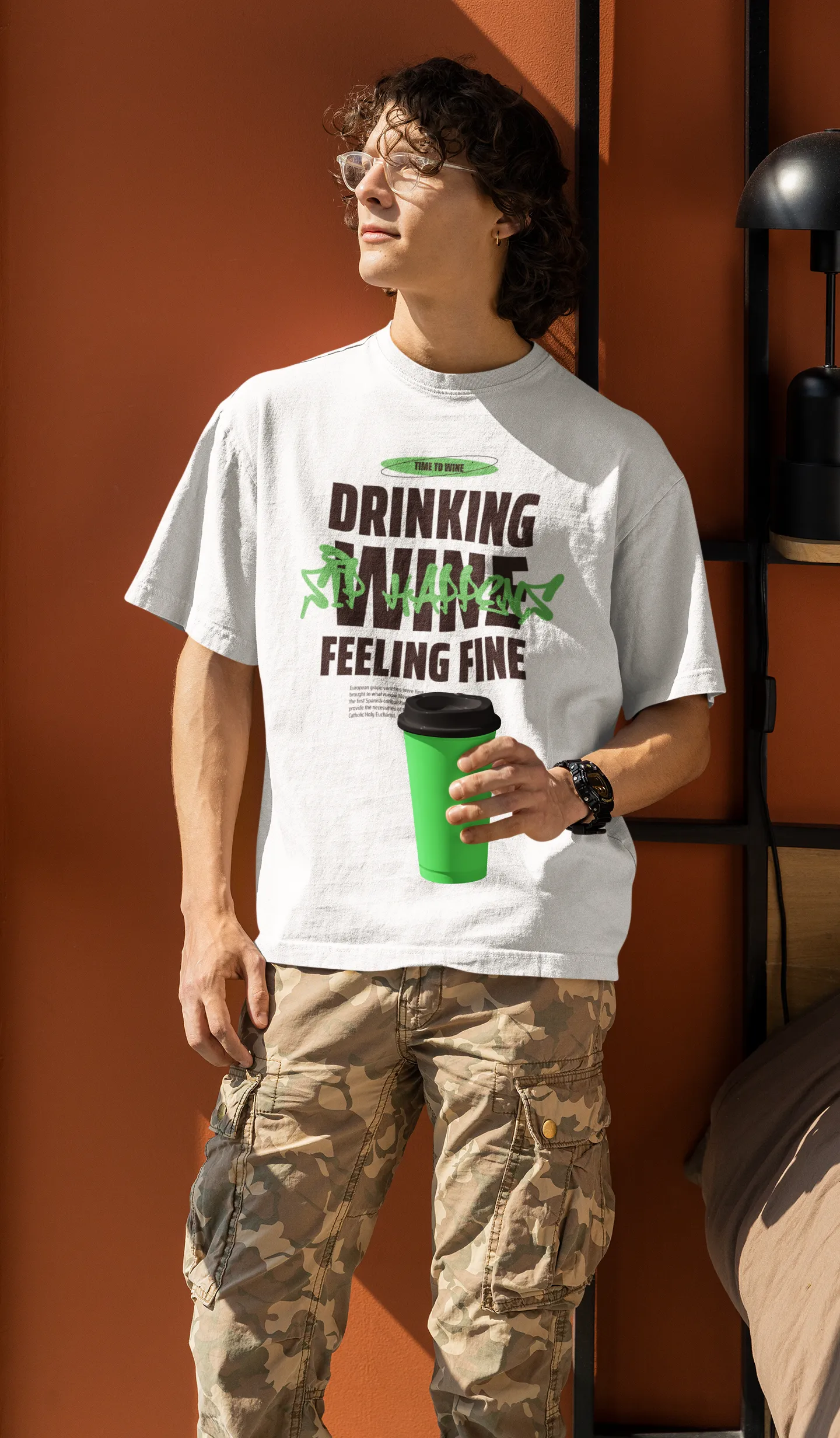 Drinking Wine Feeling Fine Oversized White Printed Tshirt Unisex