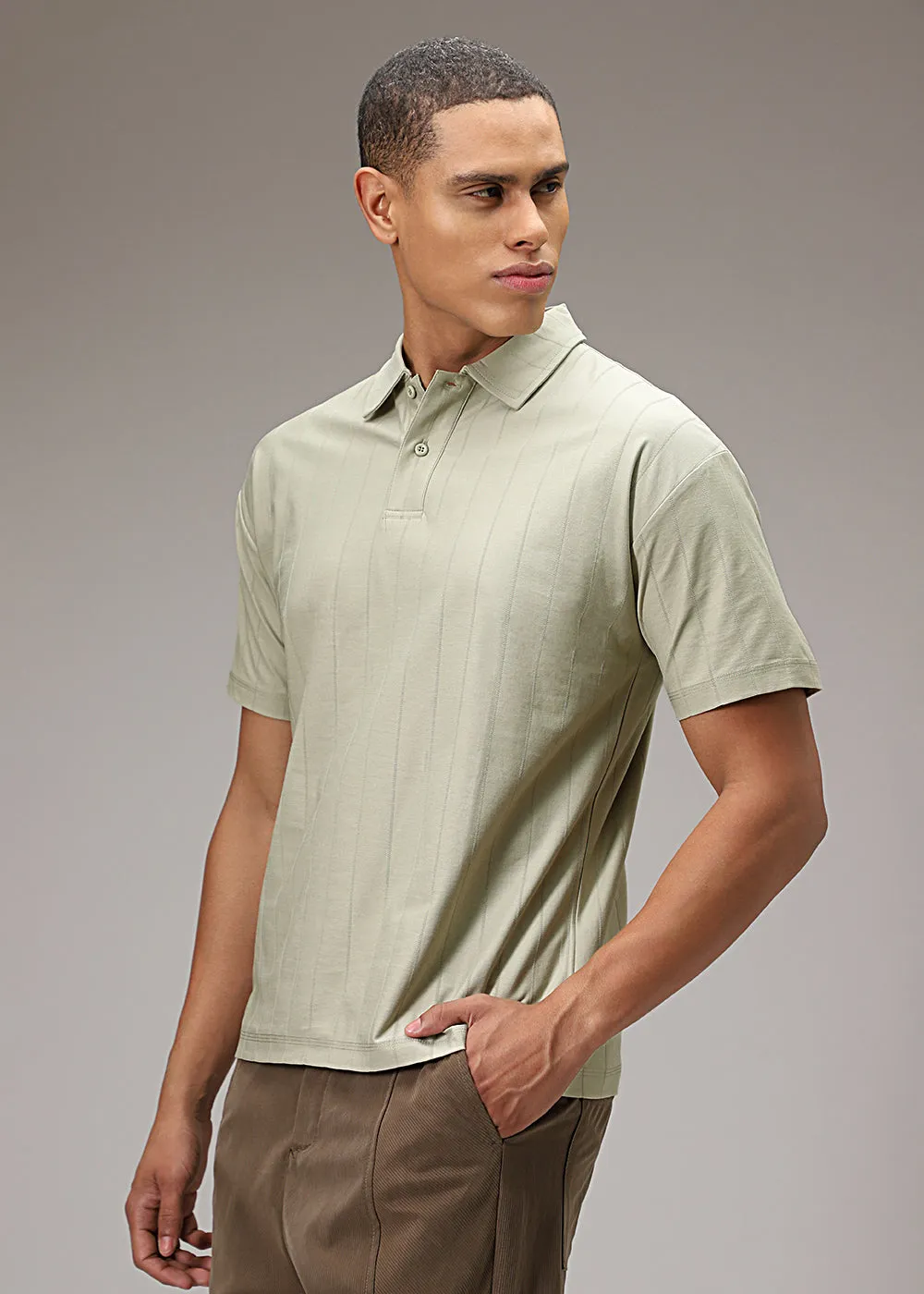 Ecru Stripped Drop Shoulder Polo T-shirt