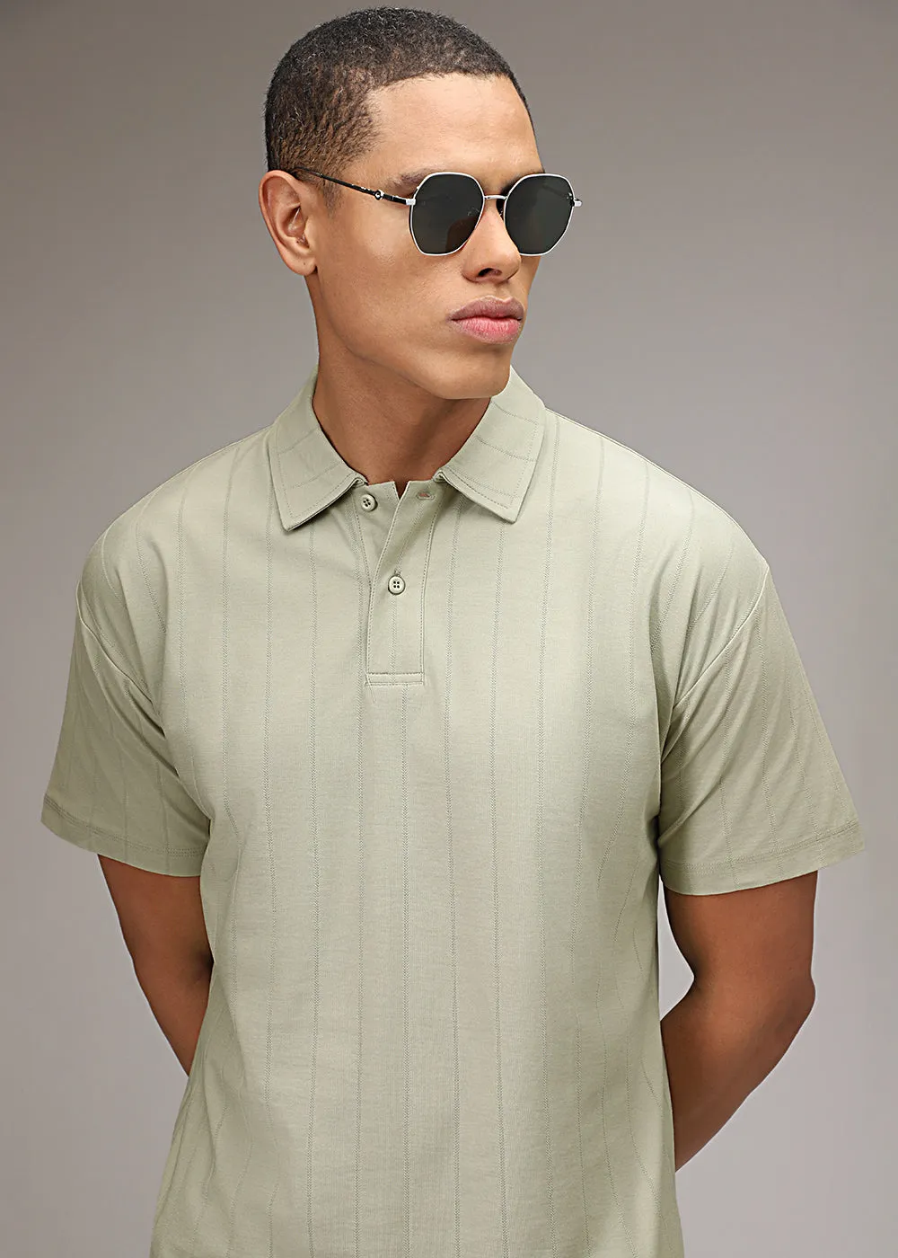 Ecru Stripped Drop Shoulder Polo T-shirt