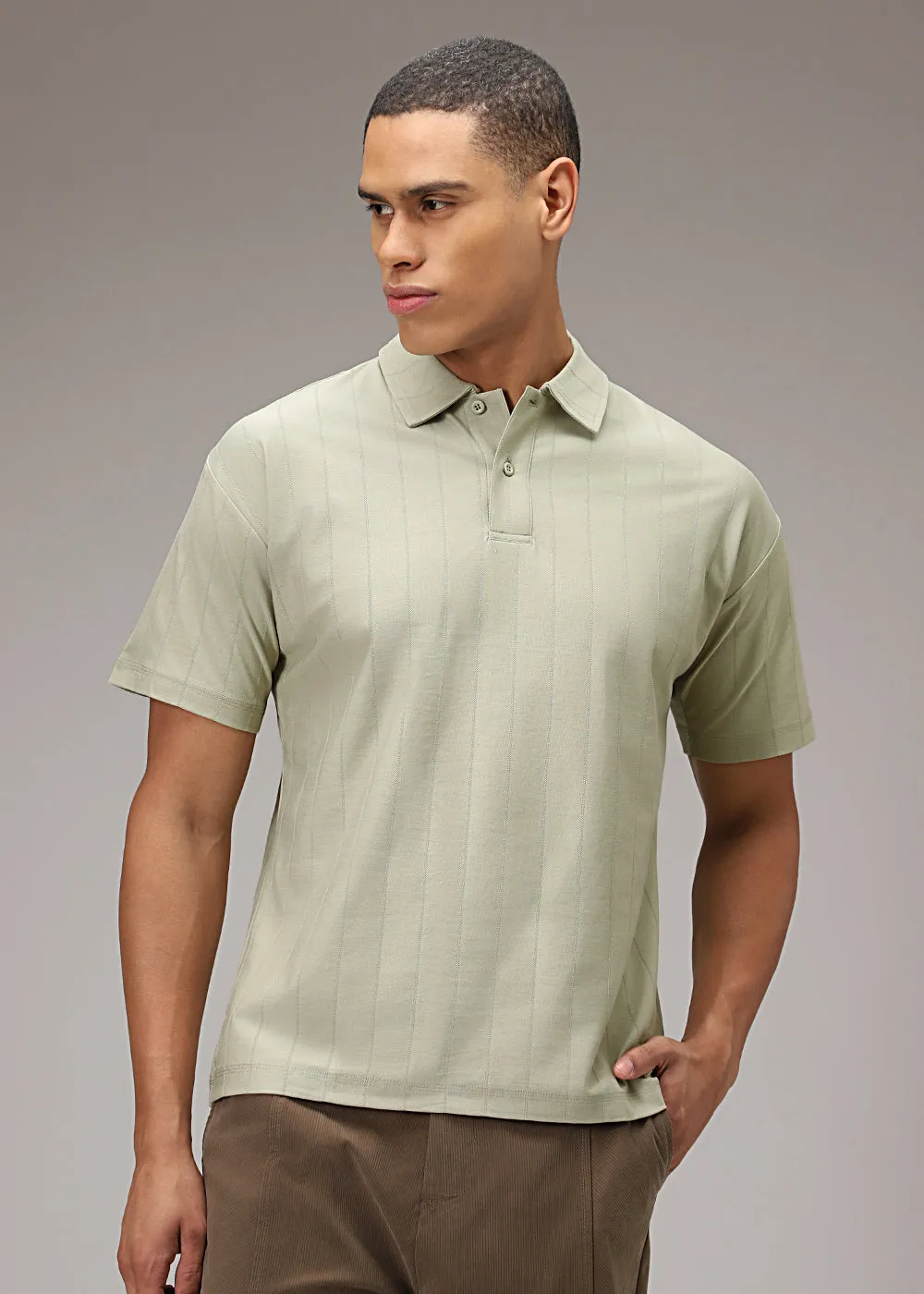 Ecru Stripped Drop Shoulder Polo T-shirt