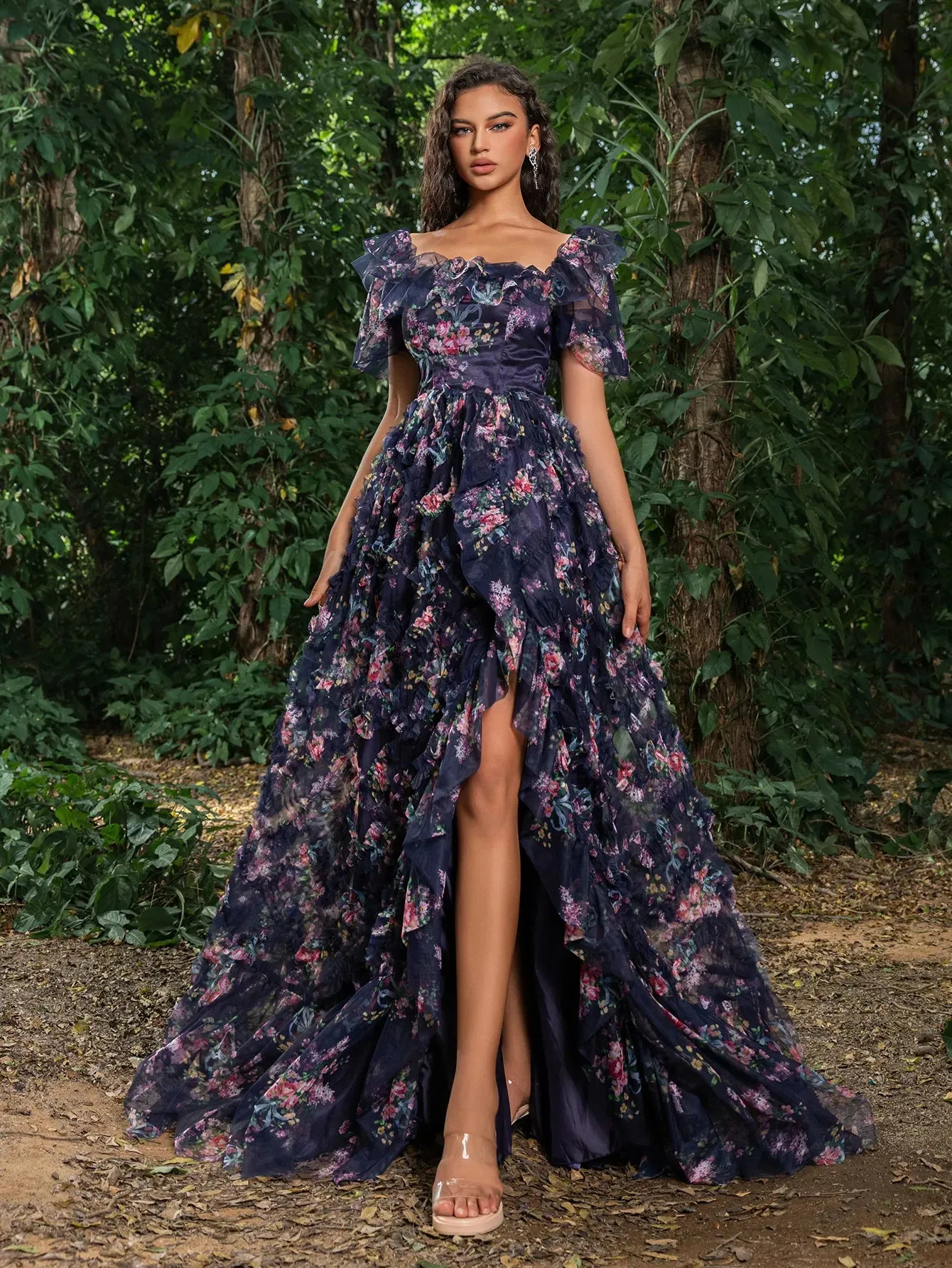 Elegant Ruffle Trim Puff Sleeves Floral Organza Prom Dress