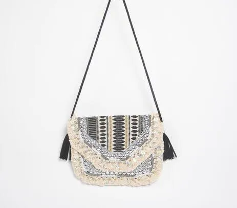 embellished fringed sling bag