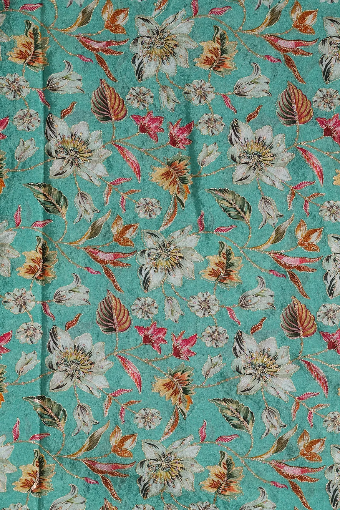 Floral Position Print On Sequins Embroidery Teal Viscose Chinnon Chiffon Fabric