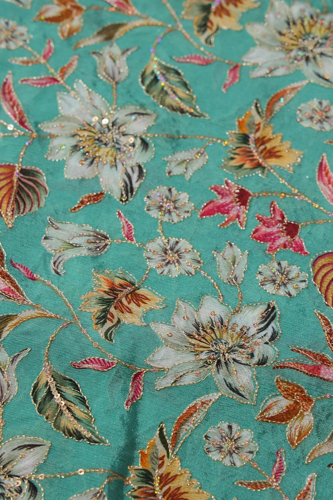 Floral Position Print On Sequins Embroidery Teal Viscose Chinnon Chiffon Fabric