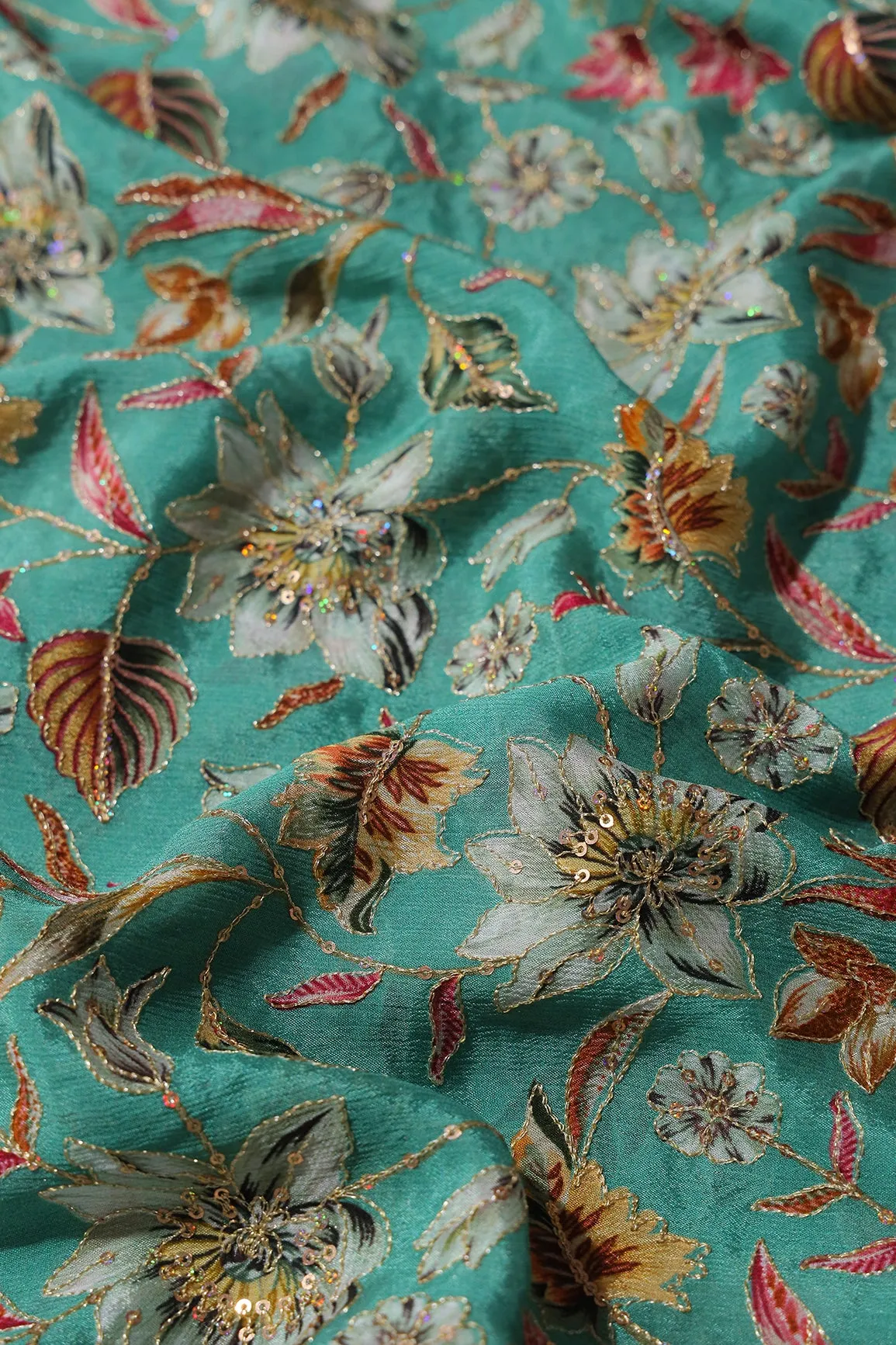 Floral Position Print On Sequins Embroidery Teal Viscose Chinnon Chiffon Fabric