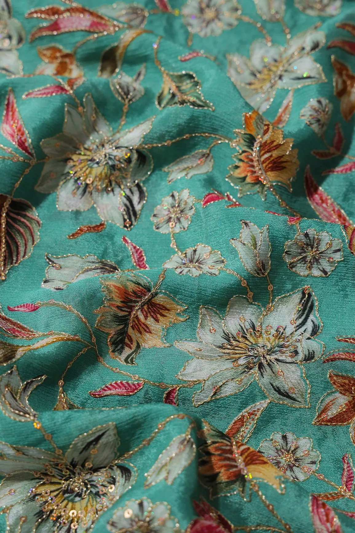 Floral Position Print On Sequins Embroidery Teal Viscose Chinnon Chiffon Fabric