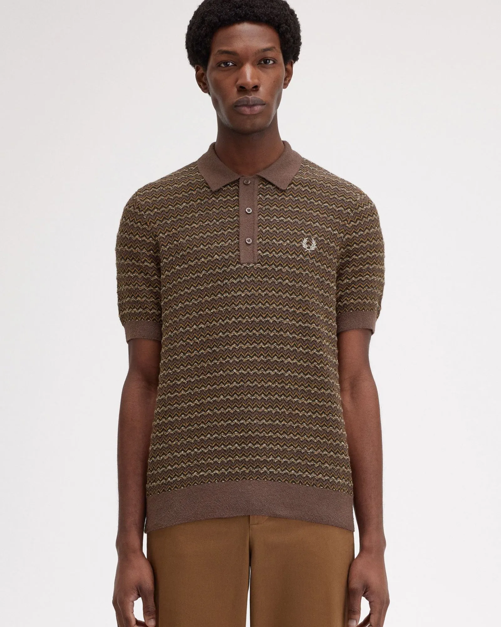 Fred Perry Boucle Jacquard Knitted Polo Shirt - Carrington Road Brick