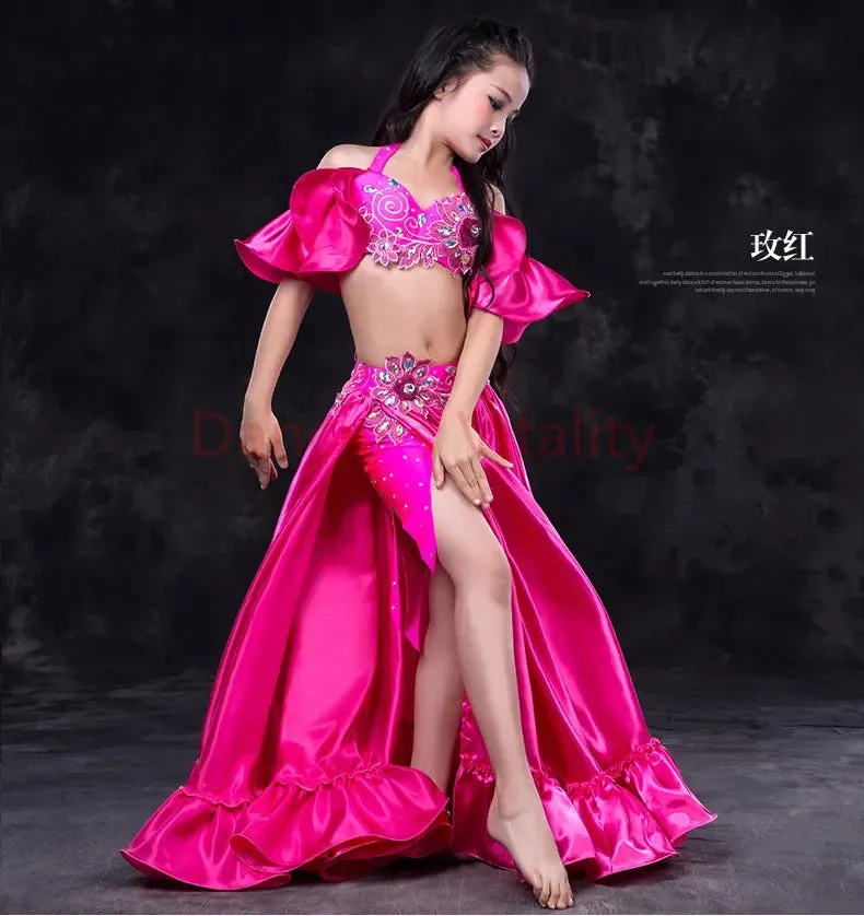 Girls belly dance clothes kids luxury belly dance suit girls top short skirt undewear long skirt 4pcs kids belly dance set S,ML