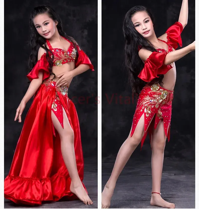 Girls belly dance clothes kids luxury belly dance suit girls top short skirt undewear long skirt 4pcs kids belly dance set S,ML