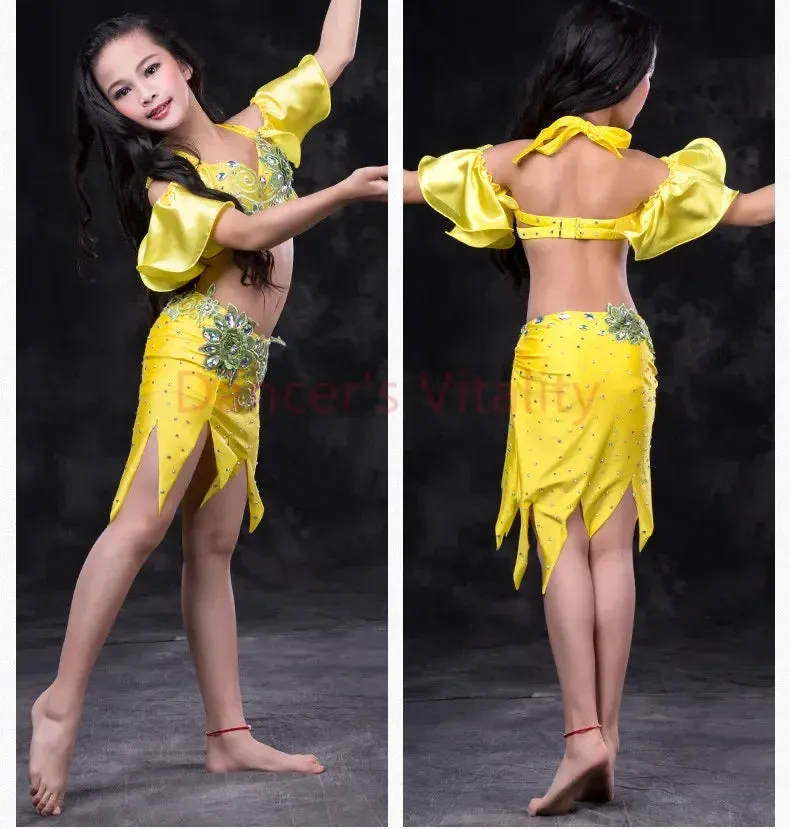 Girls belly dance clothes kids luxury belly dance suit girls top short skirt undewear long skirt 4pcs kids belly dance set S,ML