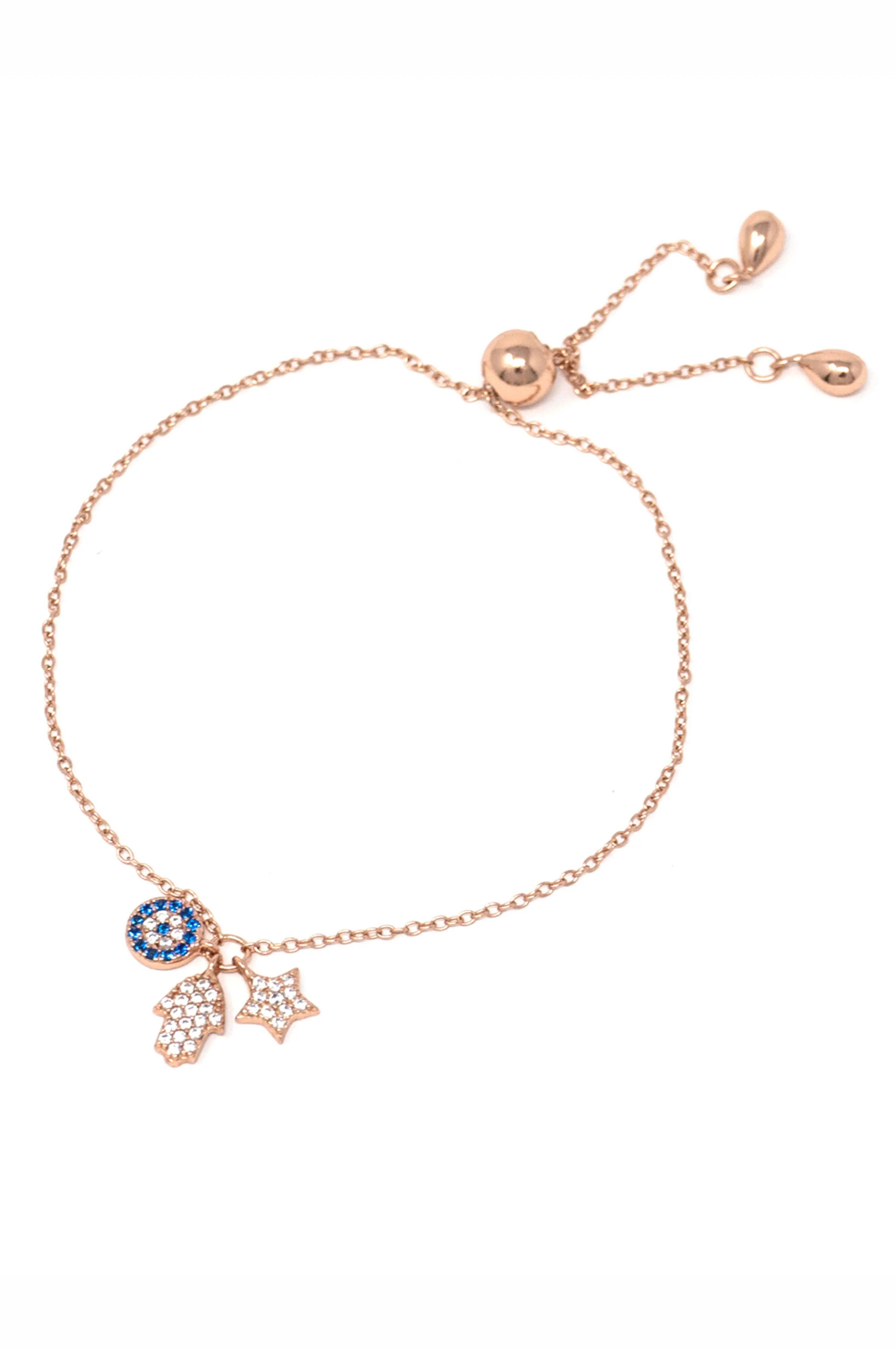 Hamsa Evil Eye Charm Sterling Silver Pull Chain Bracelet