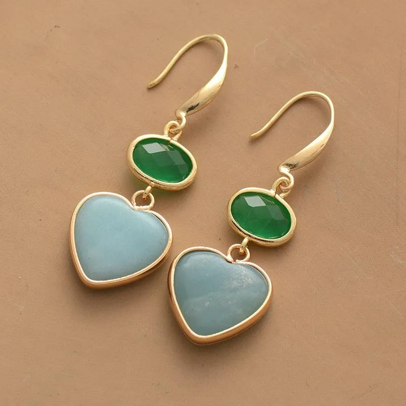 Hearts Amazonite Green Quartz Earrings