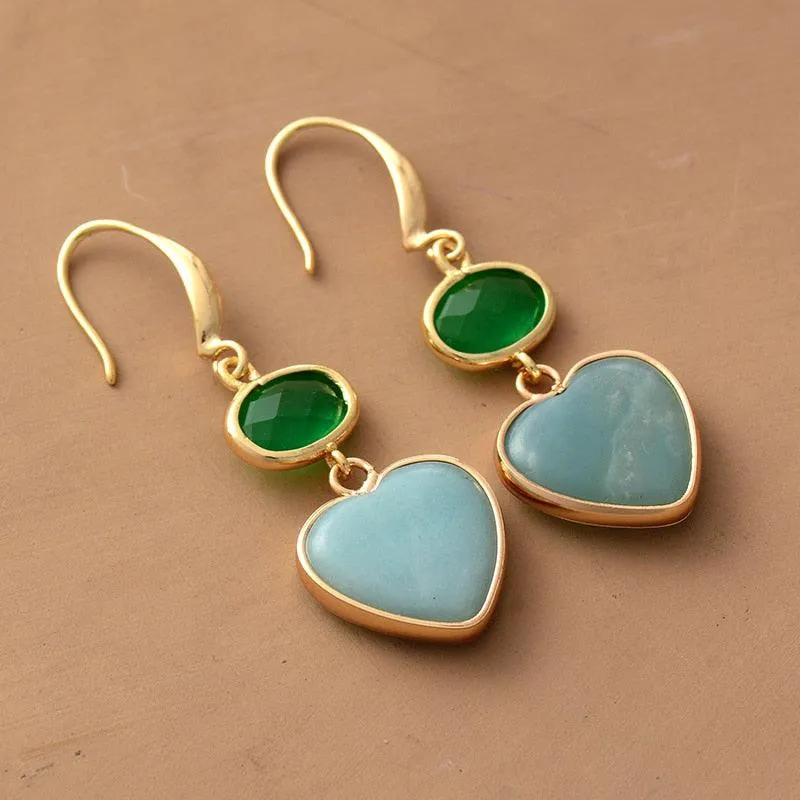 Hearts Amazonite Green Quartz Earrings