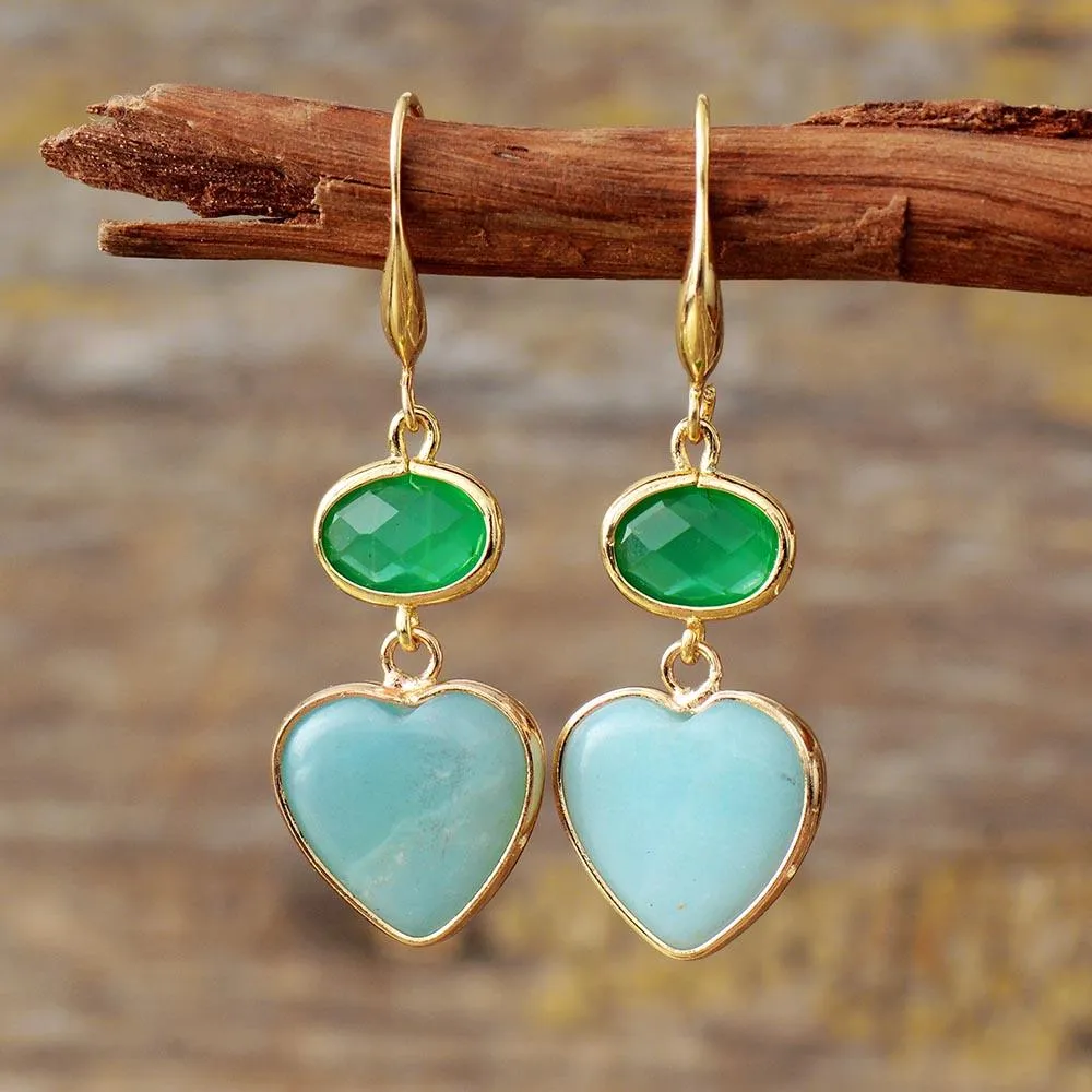 Hearts Amazonite Green Quartz Earrings