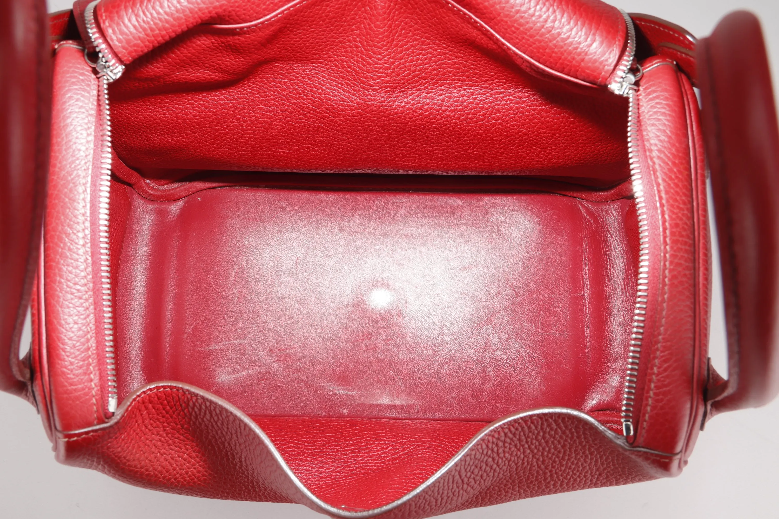 HERMES LINDY 34CM (STAMP O) ROUGE GARANCE COLOR TOGO LEATHER, SILVER HARDWARE, WITH DUST COVER