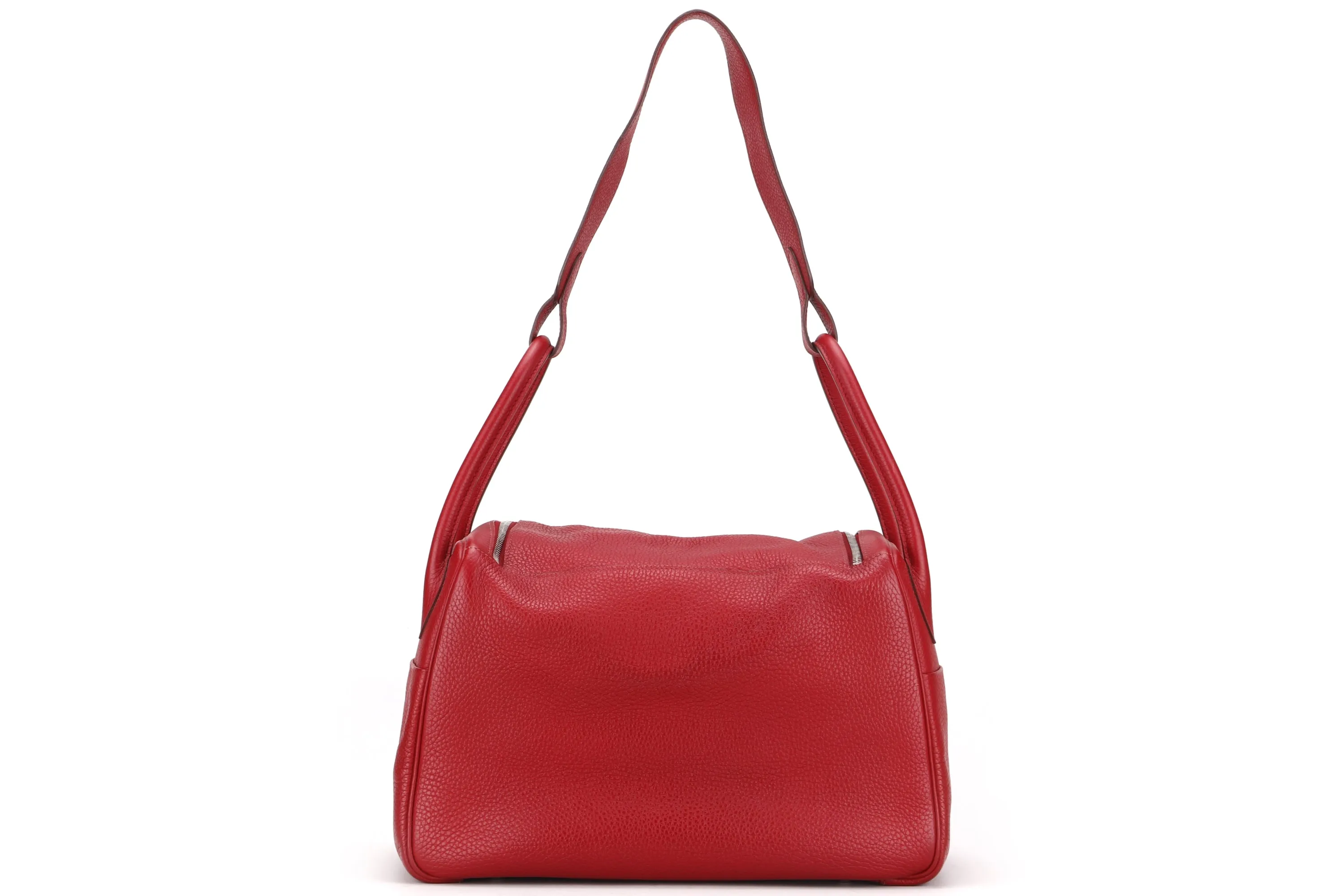 HERMES LINDY 34CM (STAMP O) ROUGE GARANCE COLOR TOGO LEATHER, SILVER HARDWARE, WITH DUST COVER