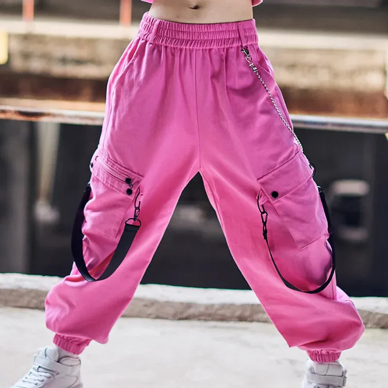 #HH220 Modern Hip Hop - Girls White Long Sleeves Top-  Loose Pink Pants- Hip Hop- Street Dance