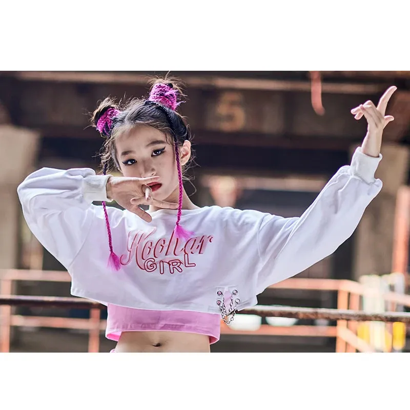 #HH220 Modern Hip Hop - Girls White Long Sleeves Top-  Loose Pink Pants- Hip Hop- Street Dance