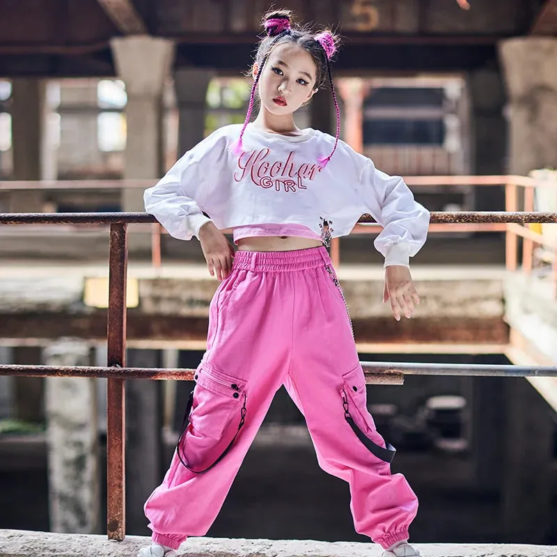 #HH220 Modern Hip Hop - Girls White Long Sleeves Top-  Loose Pink Pants- Hip Hop- Street Dance