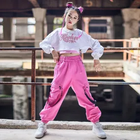 #HH220 Modern Hip Hop - Girls White Long Sleeves Top-  Loose Pink Pants- Hip Hop- Street Dance