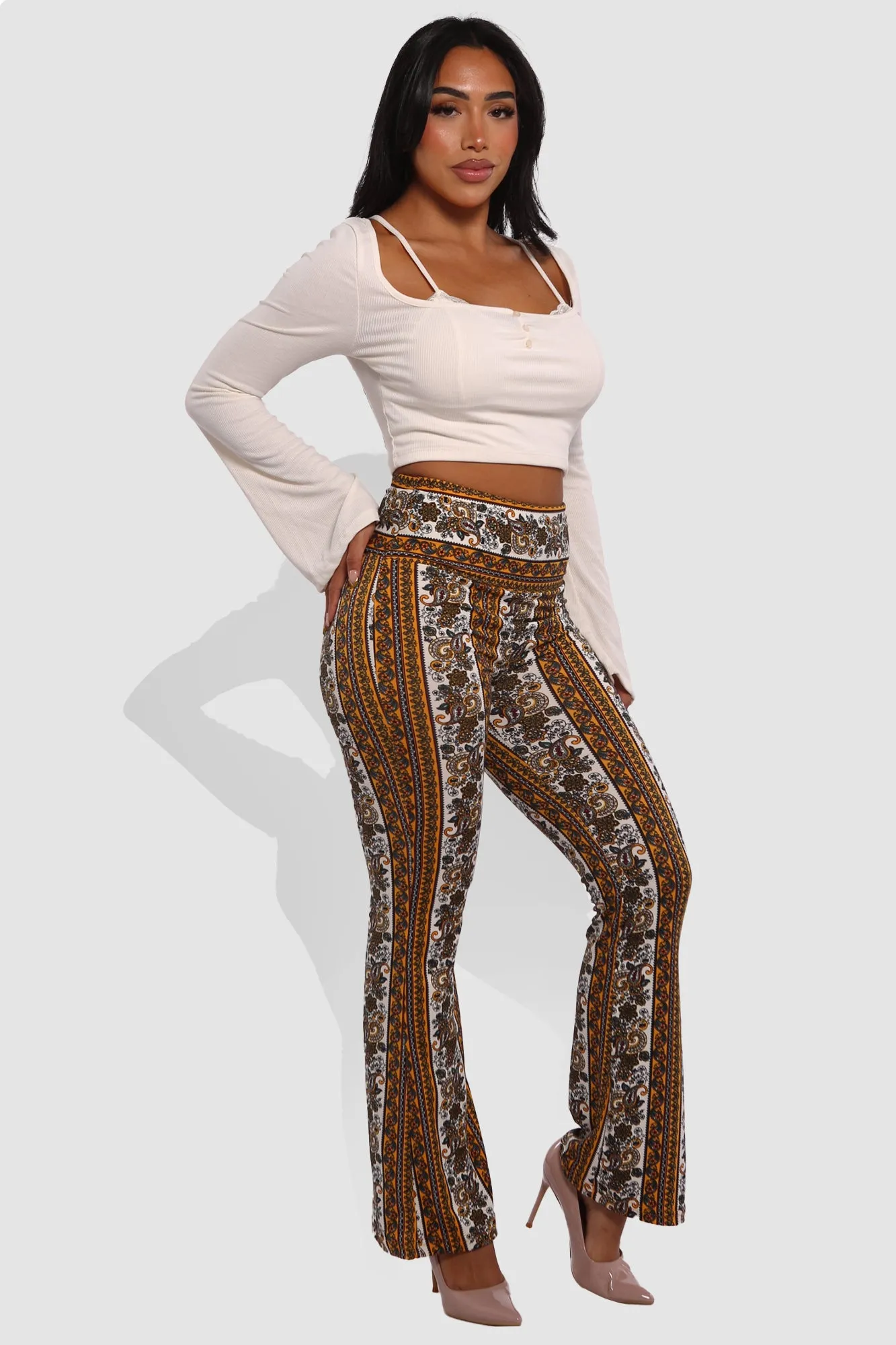 High Waist Buttery Soft Flare Palazzo Pants - Yellow, White, Greenish Blue, Burgundy Boho Print