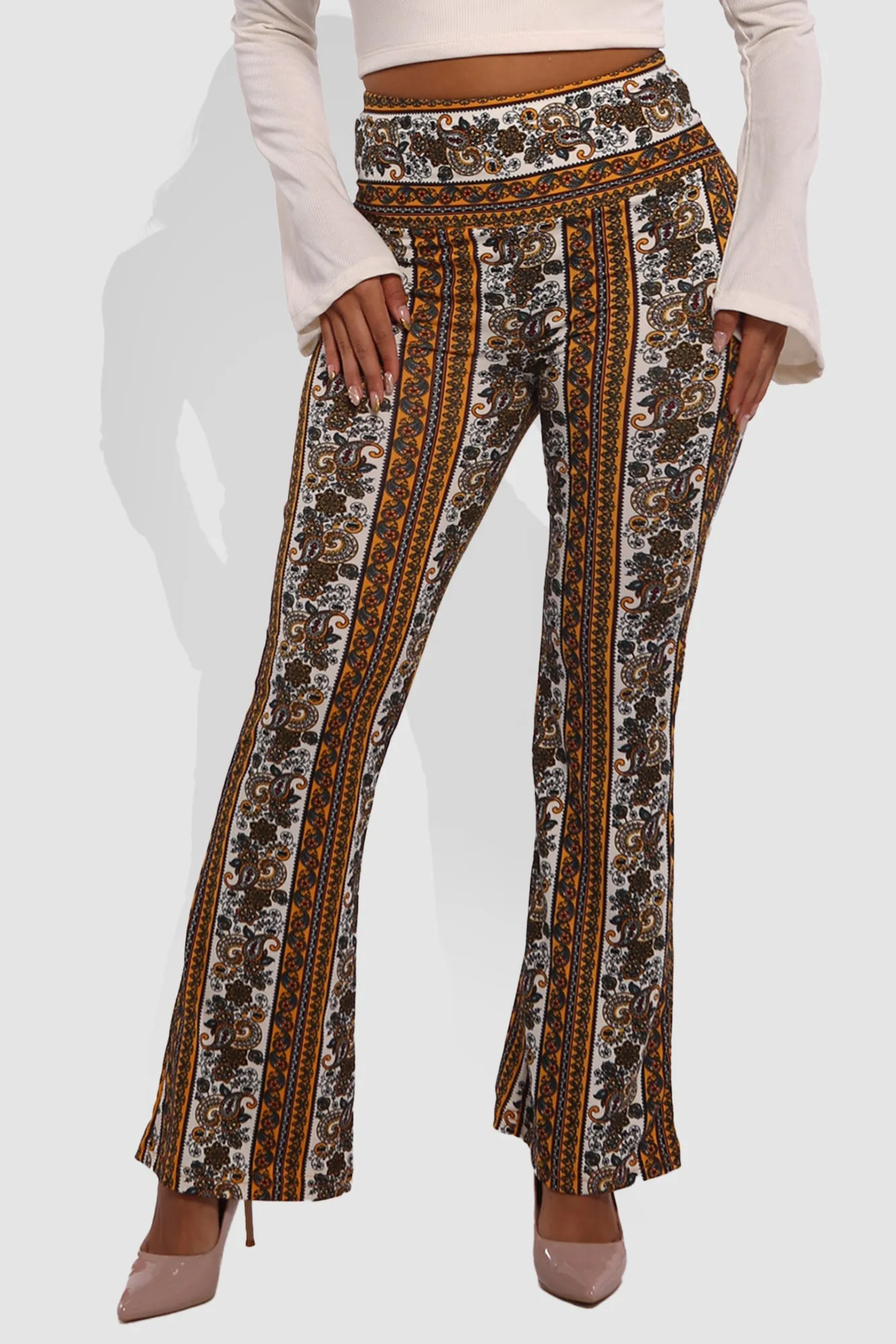 High Waist Buttery Soft Flare Palazzo Pants - Yellow, White, Greenish Blue, Burgundy Boho Print