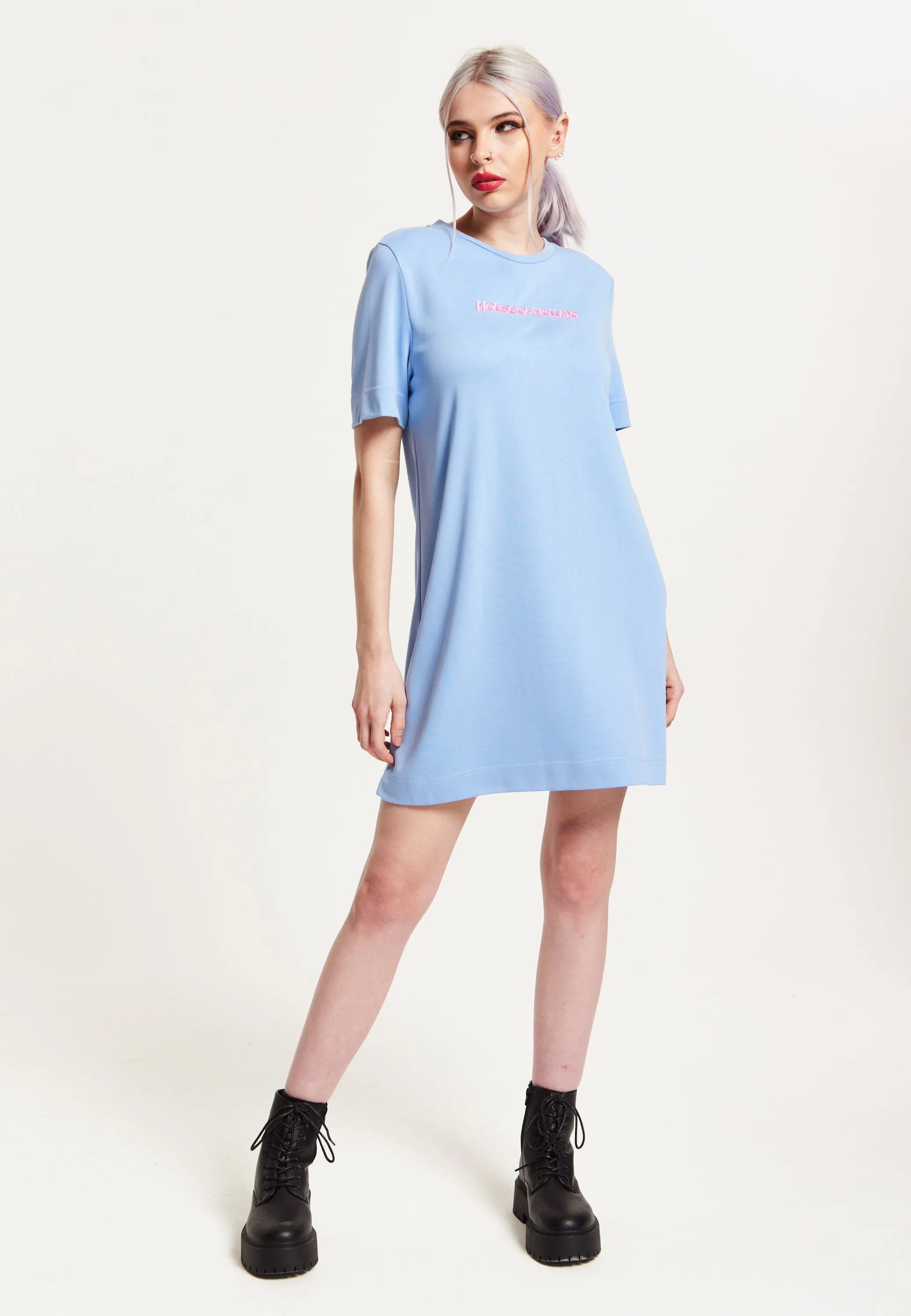 House of Holland Blue Tencel T-Shirt Dress With Logo Embroidery