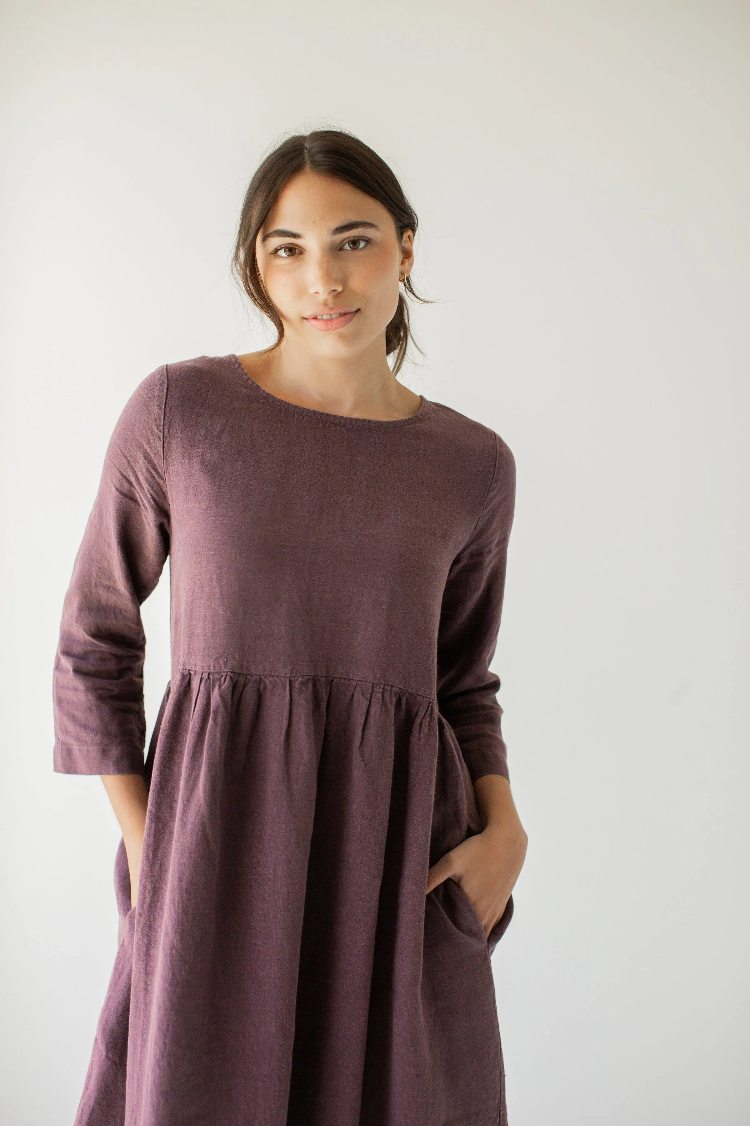 'Joan' Organic Linen Quarter Sleeve Midi Dress in Dusty Purple