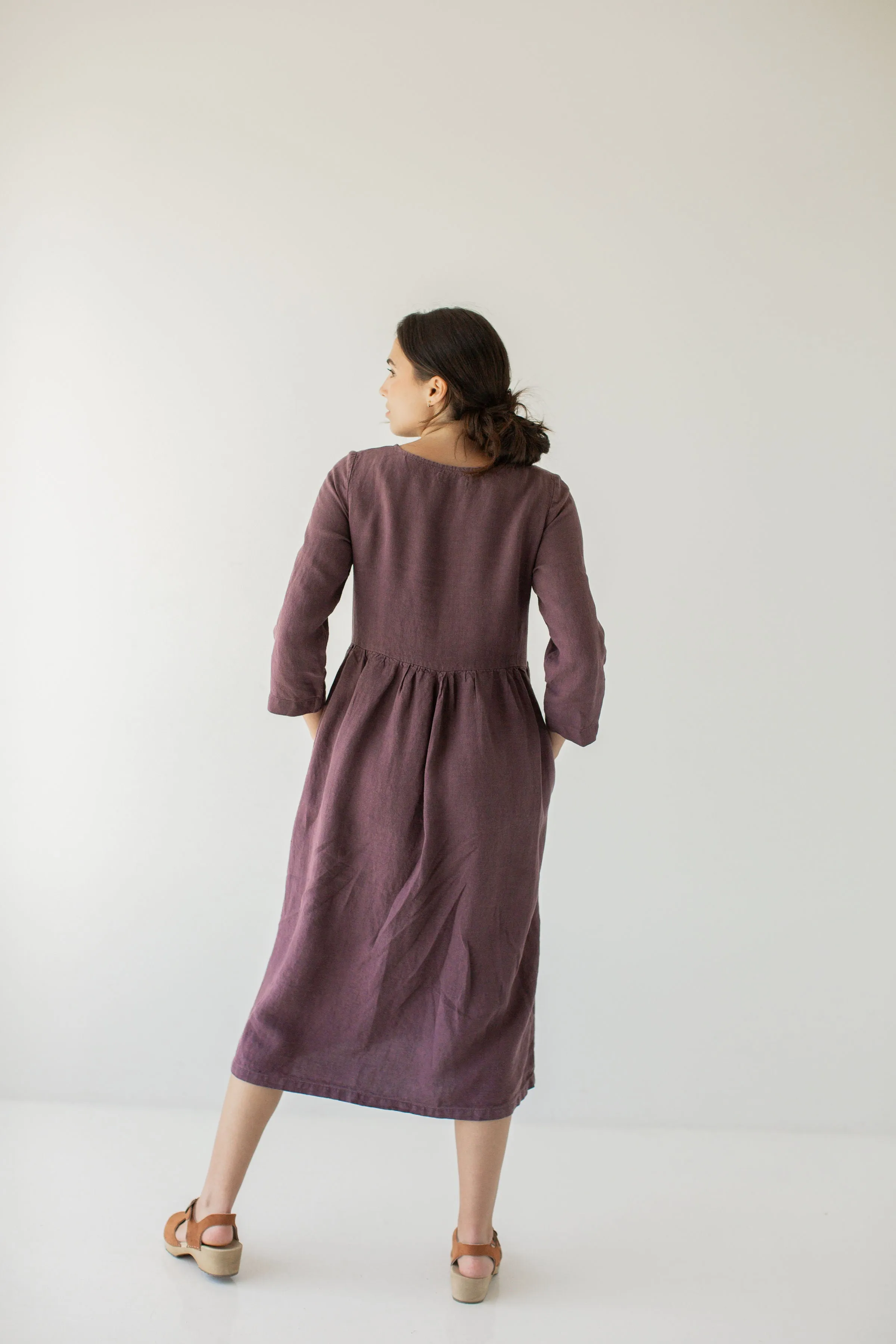 'Joan' Organic Linen Quarter Sleeve Midi Dress in Dusty Purple