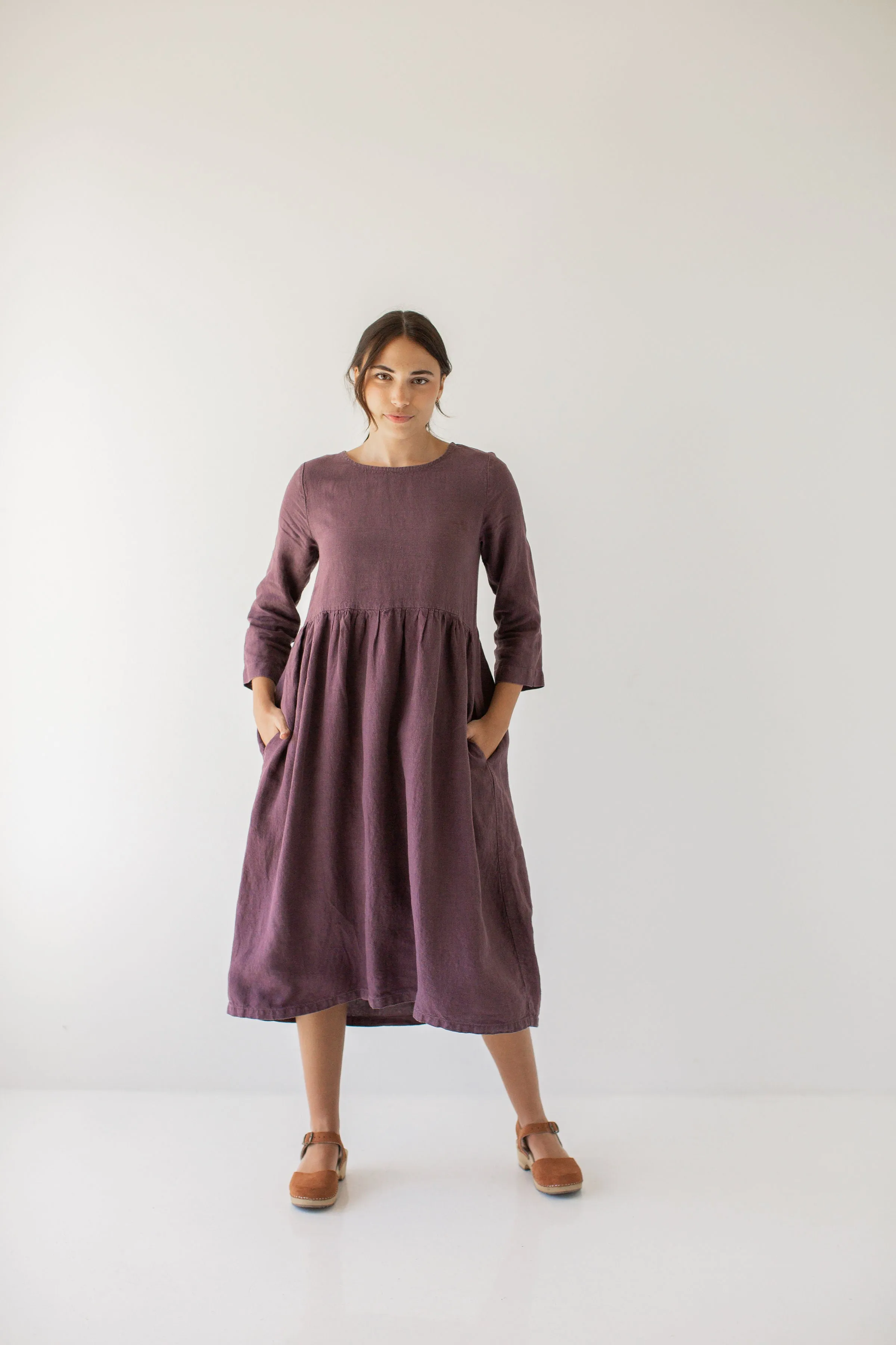 'Joan' Organic Linen Quarter Sleeve Midi Dress in Dusty Purple