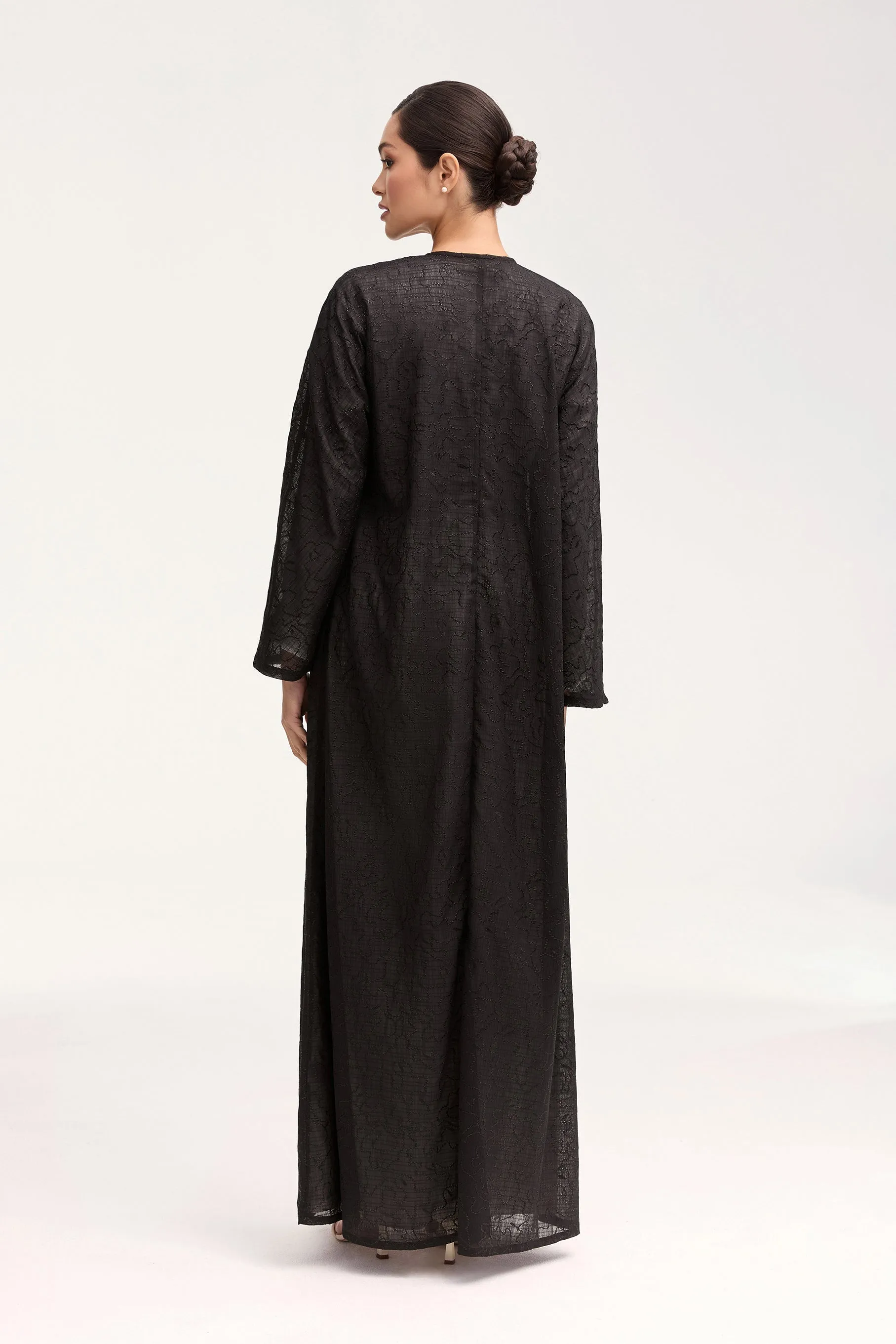 Malak Embroidered Open Abaya - Black