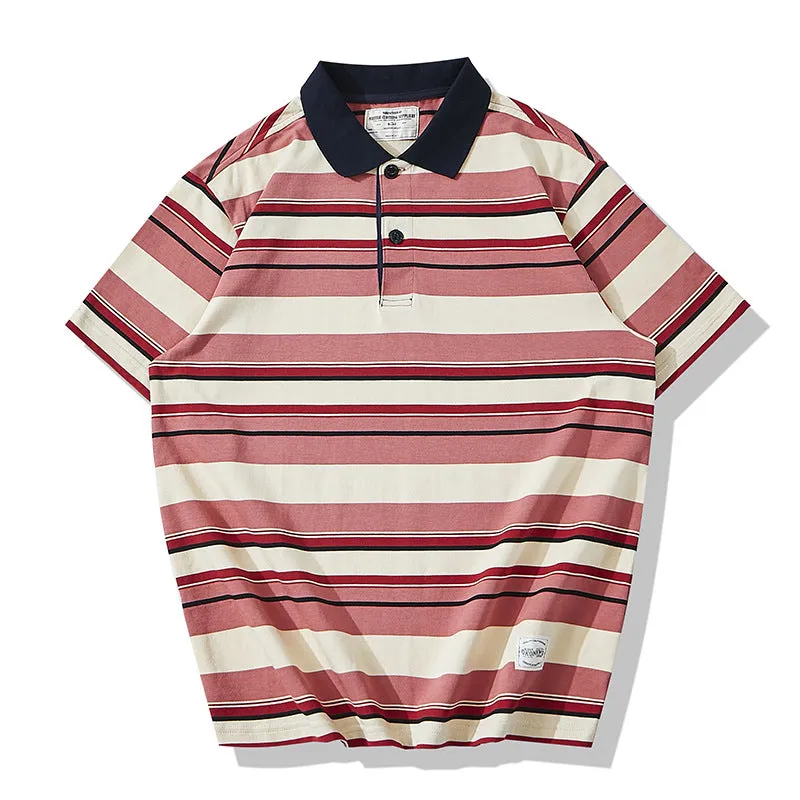 Men's Casual Retro Lapel Thick Striped Short Sleeve POLO Shirt