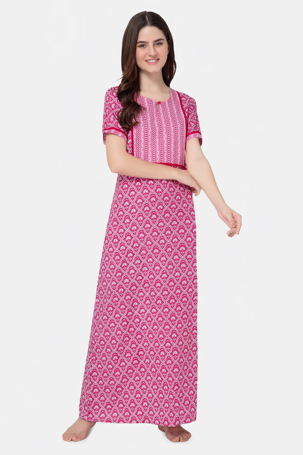 Naidu Hall Round Neck Half Sleeve Pull-On Nighty - Pink - NT22