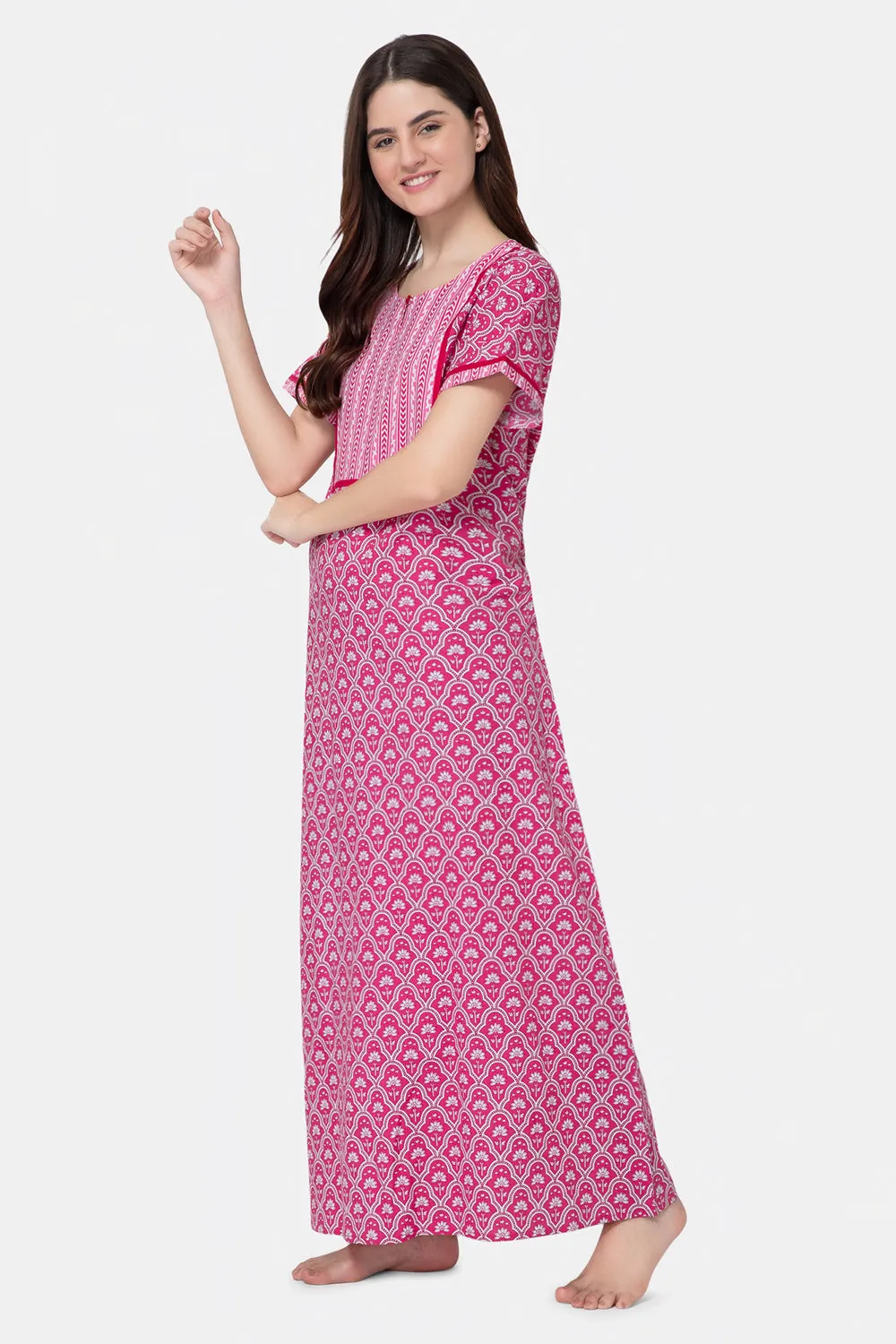 Naidu Hall Round Neck Half Sleeve Pull-On Nighty - Pink - NT22