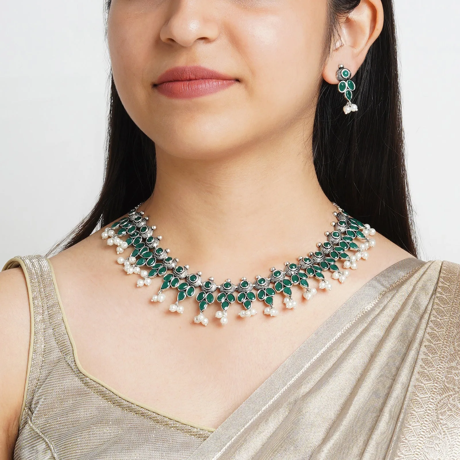 Nishan Silver Oxidised Green Stone and Pearl Necklace Set