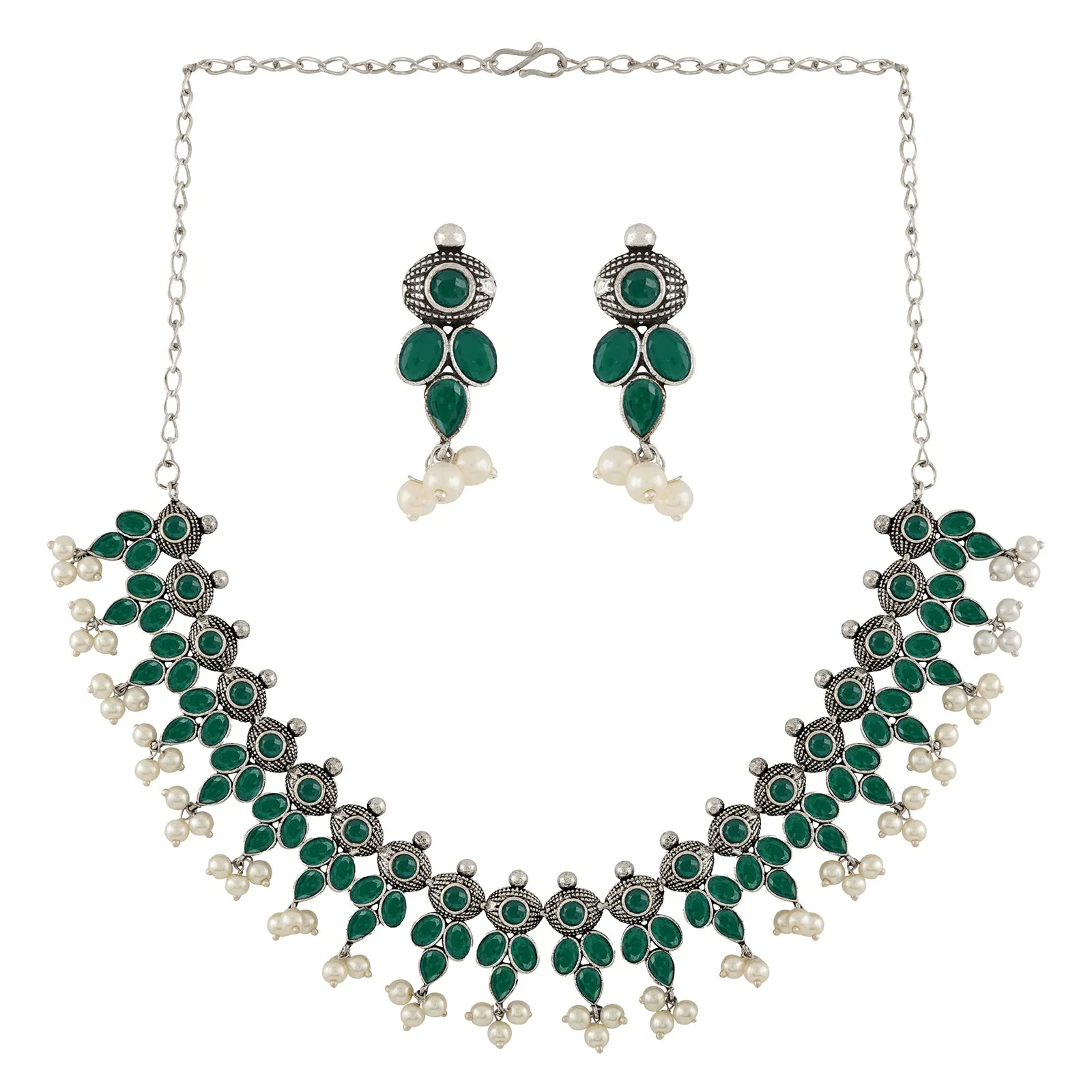 Nishan Silver Oxidised Green Stone and Pearl Necklace Set