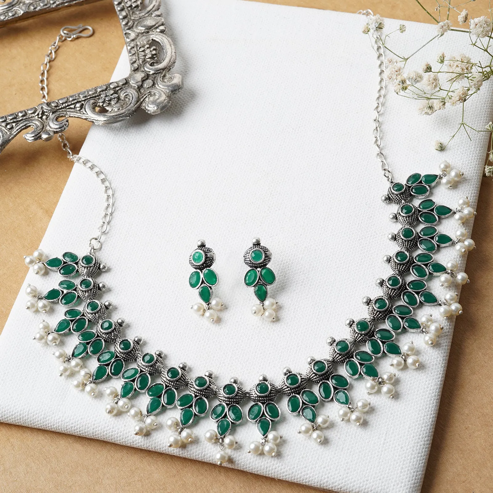 Nishan Silver Oxidised Green Stone and Pearl Necklace Set