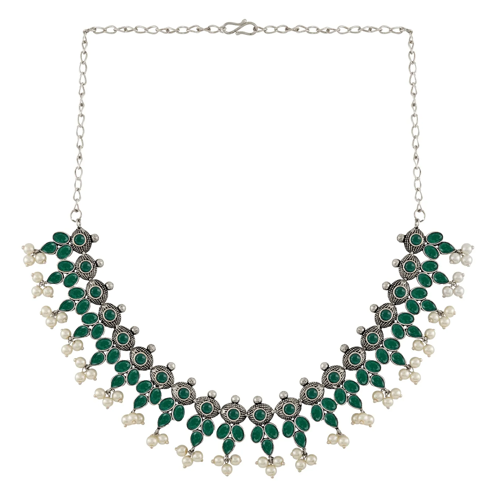 Nishan Silver Oxidised Green Stone and Pearl Necklace Set